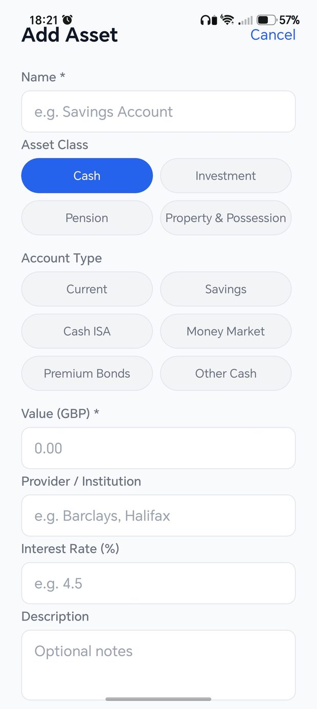 Seecle add asset screen with fields for name, asset class, account type, value and provider