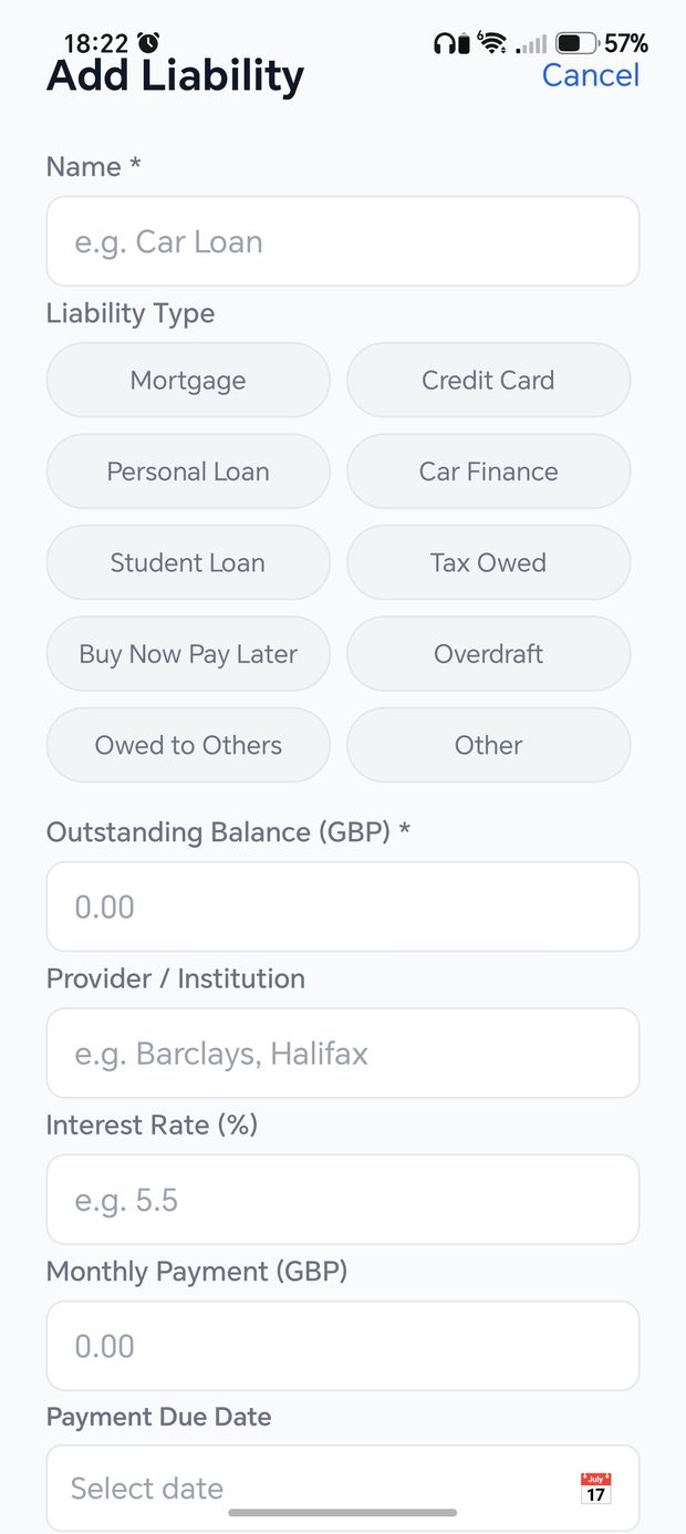 Seecle add liability screen with fields for name, liability type, outstanding balance and monthly payment