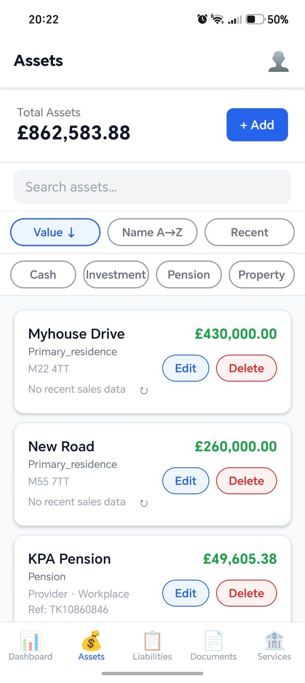 Seecle assets screen listing property, pension and other asset entries with their values