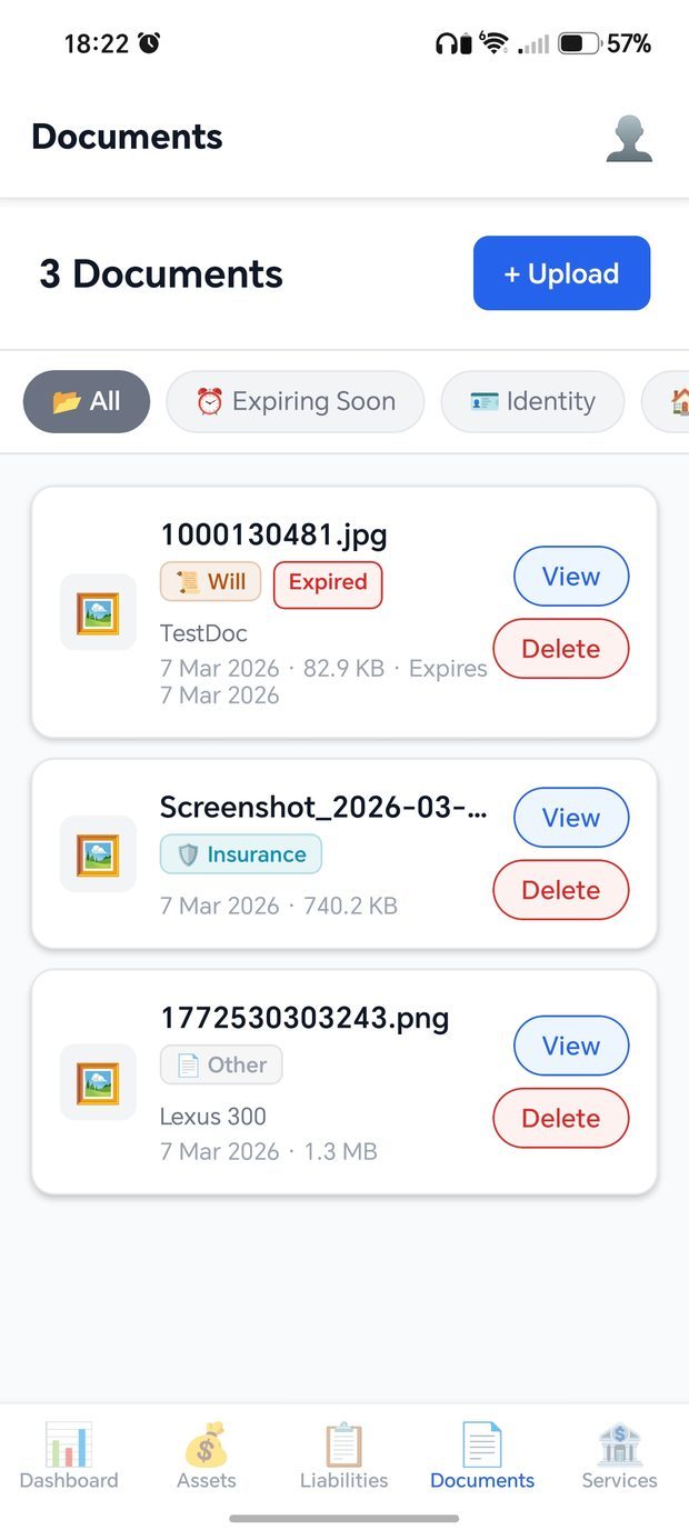 Seecle documents screen listing uploaded files categorised as will, insurance and other document types