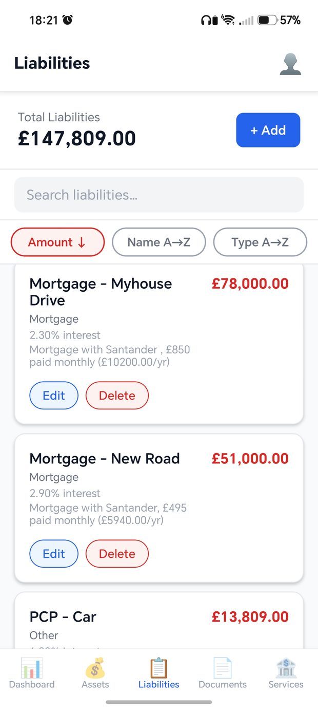 Seecle liabilities screen listing mortgages and other debts with their outstanding balances